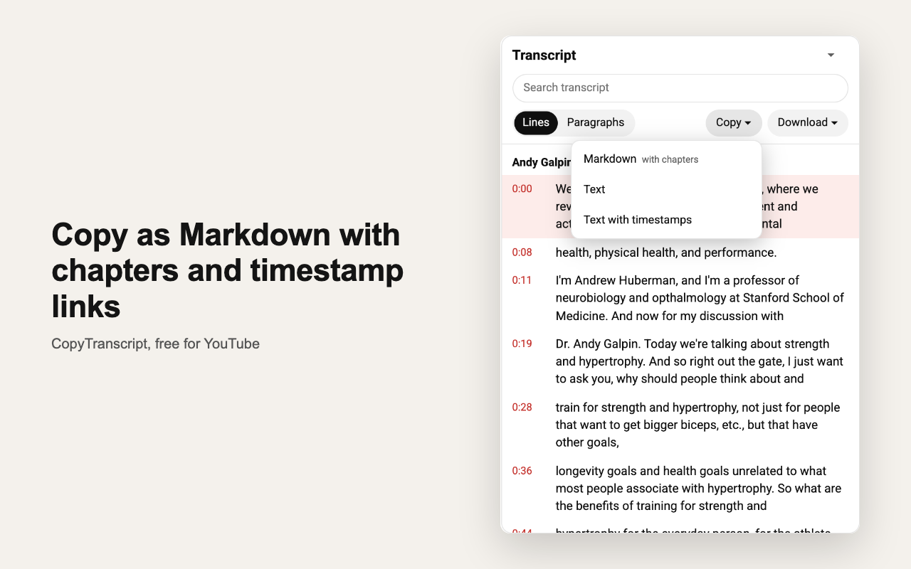 The CopyTranscript panel beside a YouTube video, with the Copy menu open